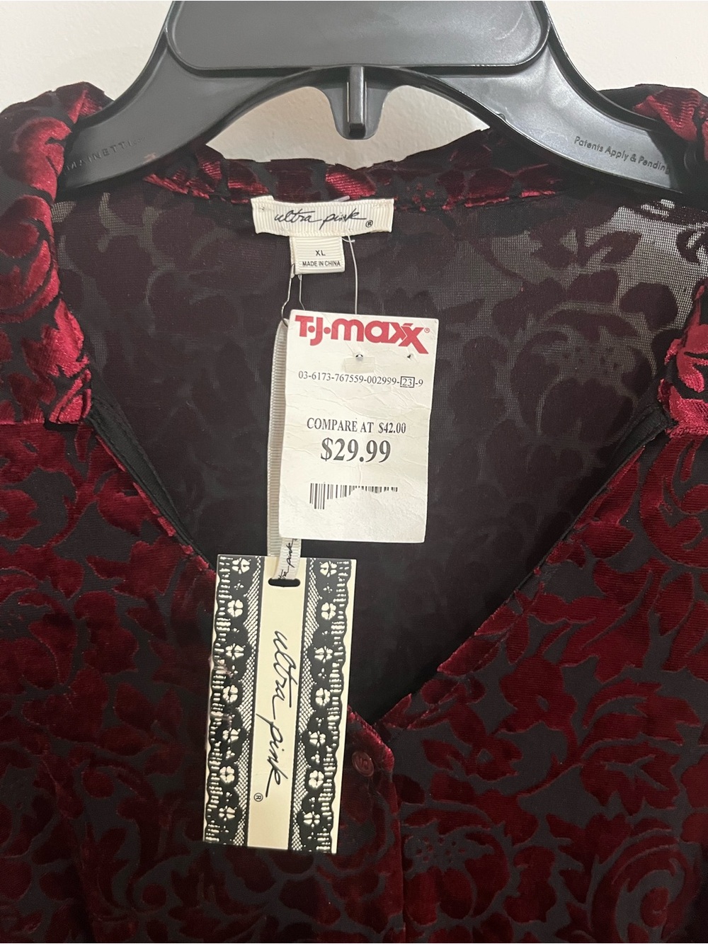 Ultra Pink Burgundy Velvet Floral Button-Down Shirt - Picture 5 of 5